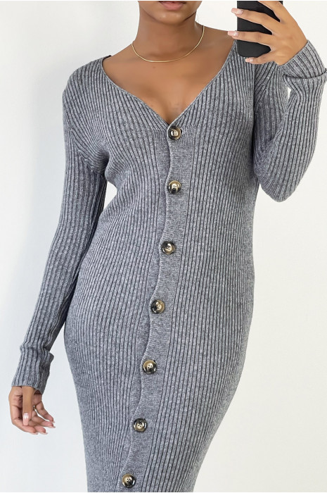 LoLLue robe pull anthracite boutonné en matière côtelé - 5