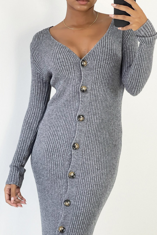 Long anthracite buttoned sweater dress in ribbed material - 5
