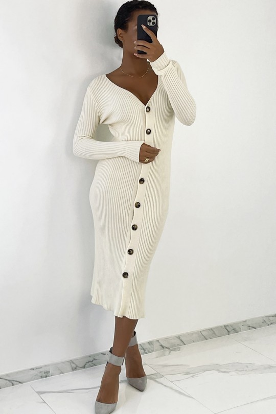 Long beige buttoned sweater dress in ribbed material - 1