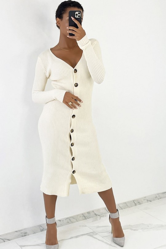 Long beige buttoned sweater dress in ribbed material - 2
