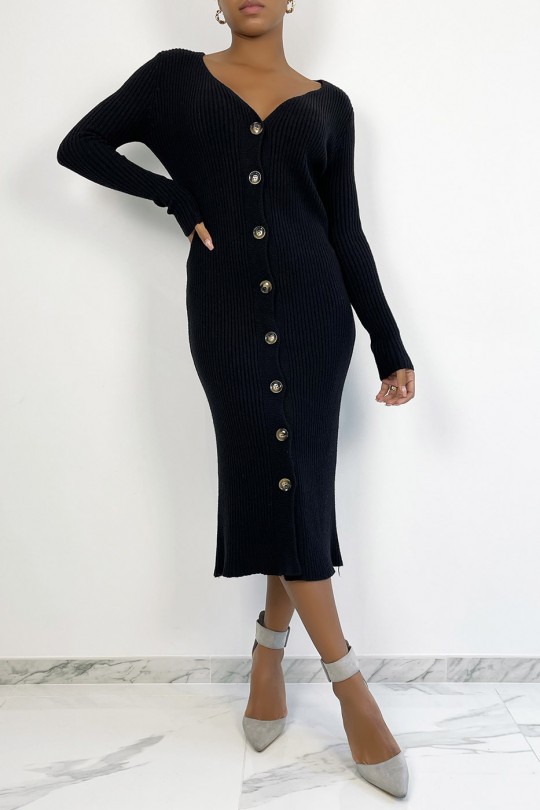 Long black buttoned sweater dress in ribbed material - 2