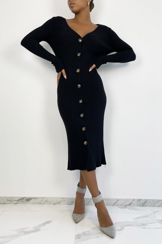 Long black buttoned sweater dress in ribbed material - 4