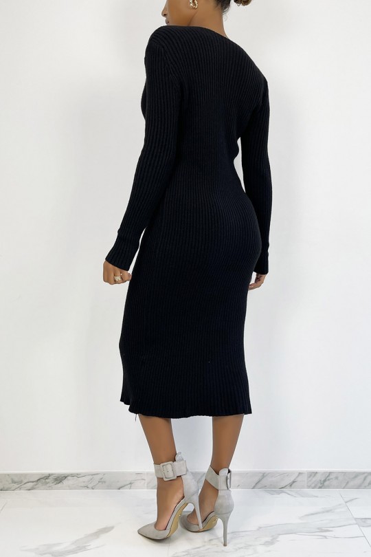 Long black buttoned sweater dress in ribbed material - 5