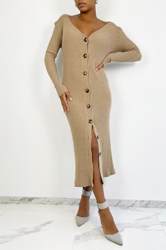Long camel buttoned sweater dress in ribbed material - 1
