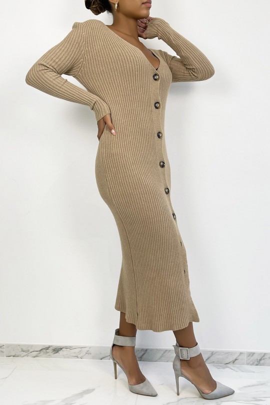 Long camel buttoned sweater dress in ribbed material - 3