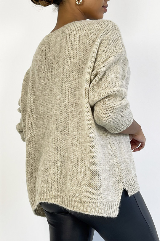 Taupe oversized V-hals trui van wol - 3