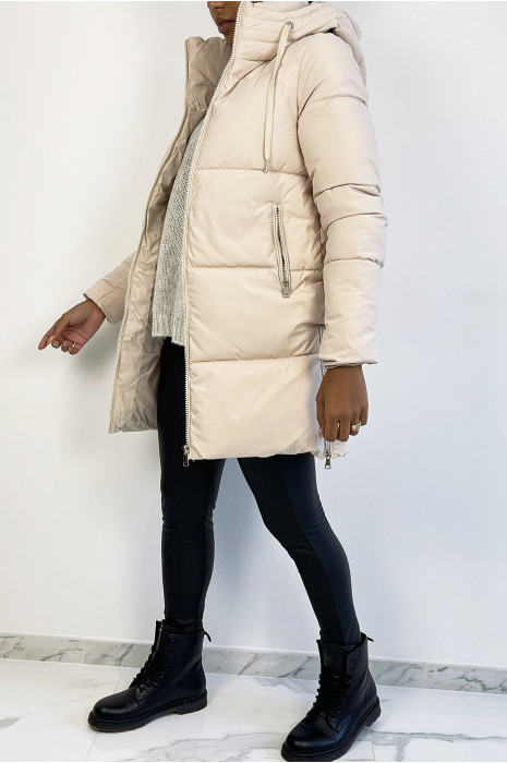 Grosse doudoune 3/4 beige bien épais avec capuche et poches - 2