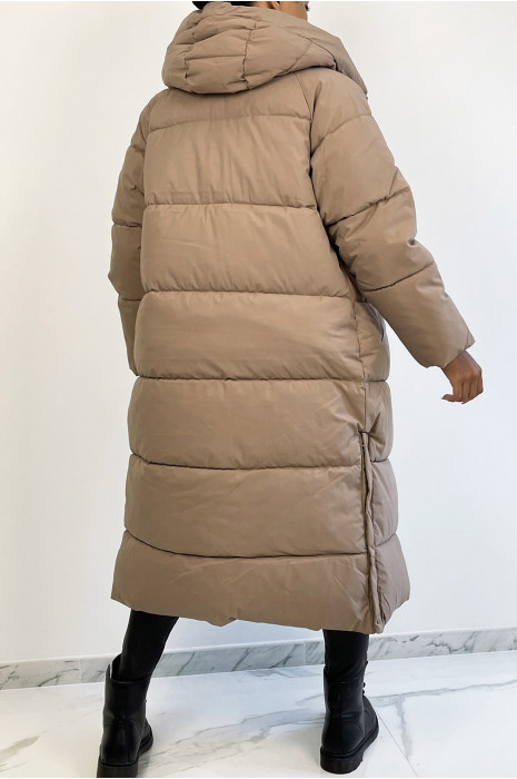 Longue doudoune taupe bien épais avec capuche et poches - 4