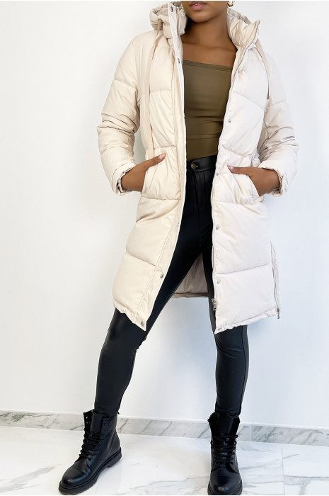 Grosse doudoune 3/4 beige bien épais avec capuche et poches - 3