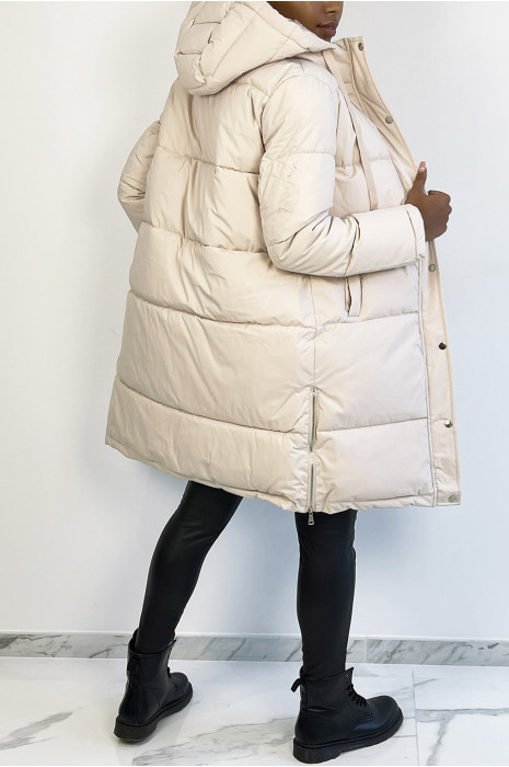 Grosse doudoune 3/4 beige bien épais avec capuche et poches - 4