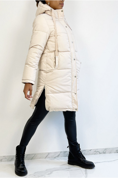 Grosse doudoune 3/4 beige bien épais avec capuche et poches - 7