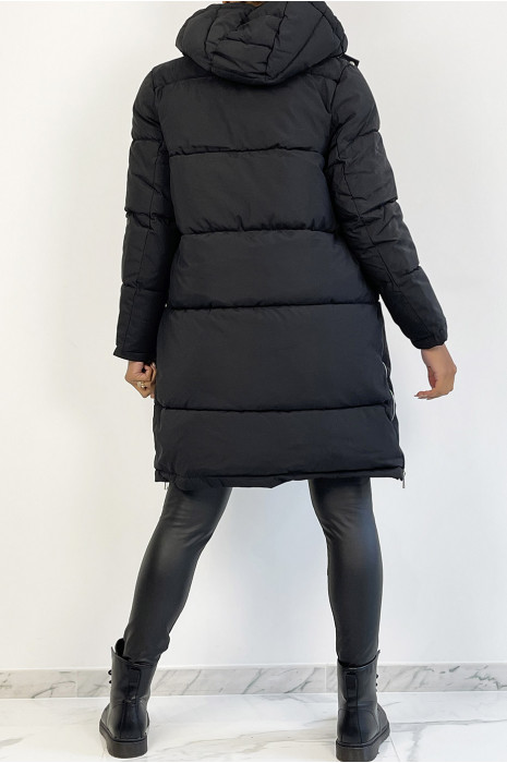 Grosse doudoune 3/4 noire bien épais avec capuche et poches - 3