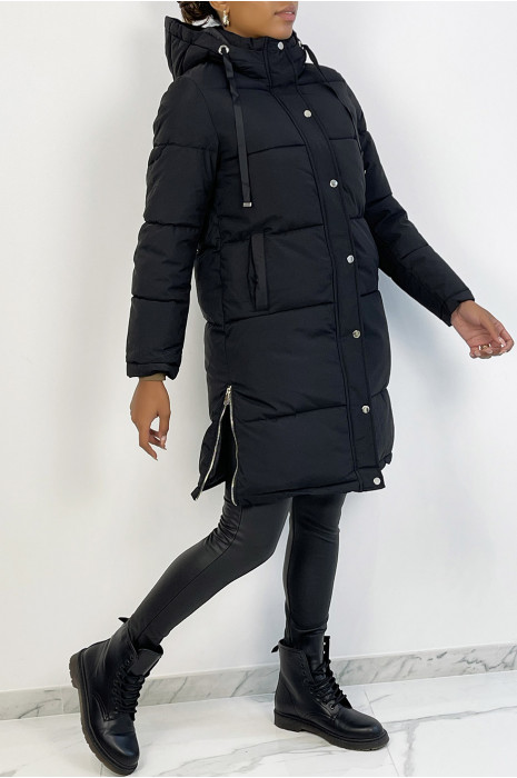 Grosse doudoune 3/4 noire bien épais avec capuche et poches - 7