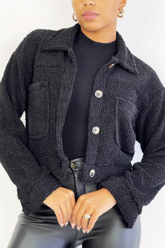 Very soft black jacket in plush material with chest pockets - 1
