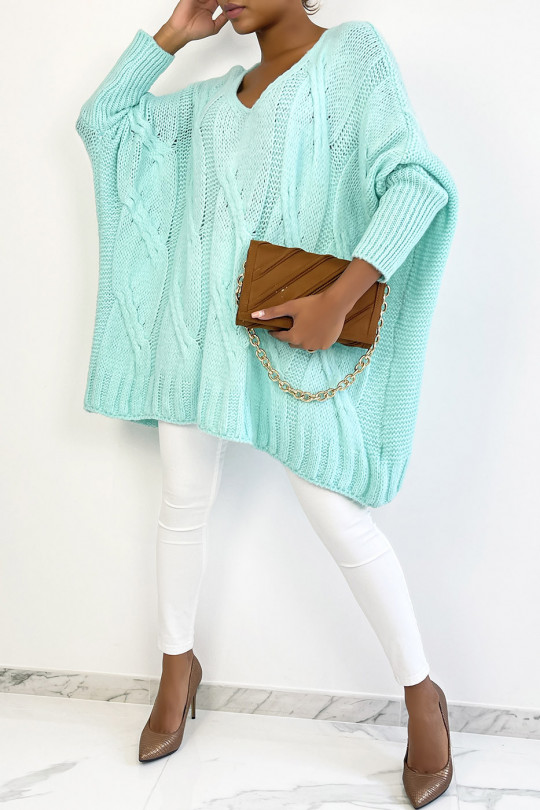 Pull col V over size très doux et bien chaud en turquoise - 1