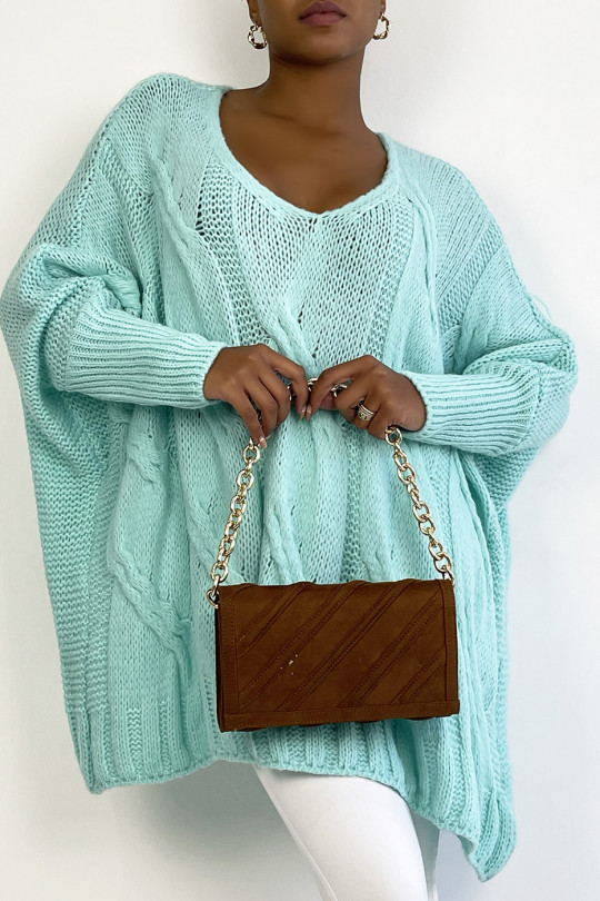 Pull col V over size très doux et bien chaud en turquoise - 3