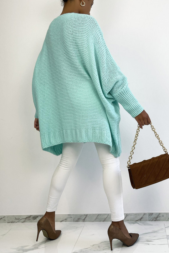 Pull col V over size très doux et bien chaud en turquoise - 4