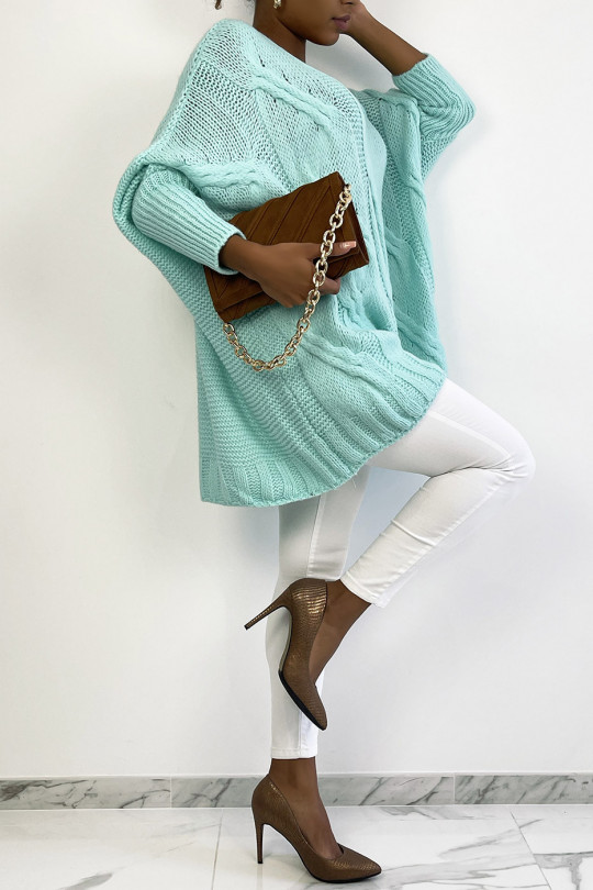 Pull col V over size très doux et bien chaud en turquoise - 5