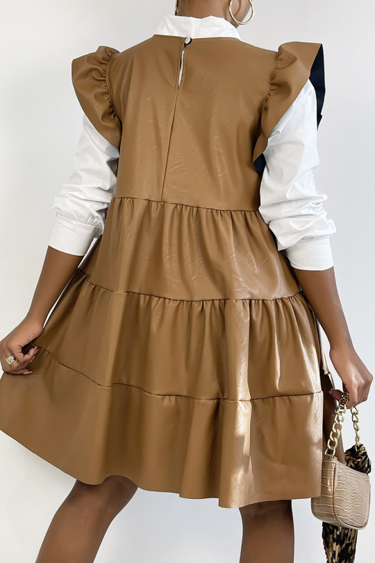 Camel faux leather dress with trendy ruffles - 4