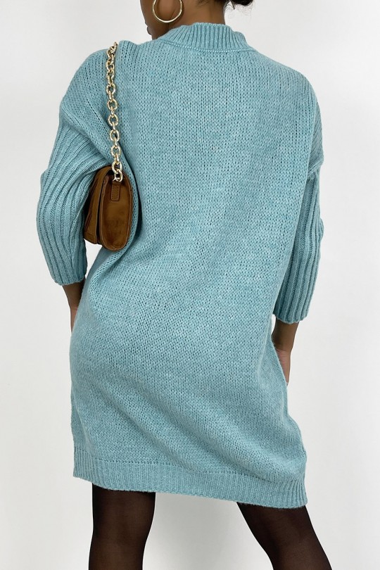 Very soft blue V-neck sweater dress made of wool - 4
