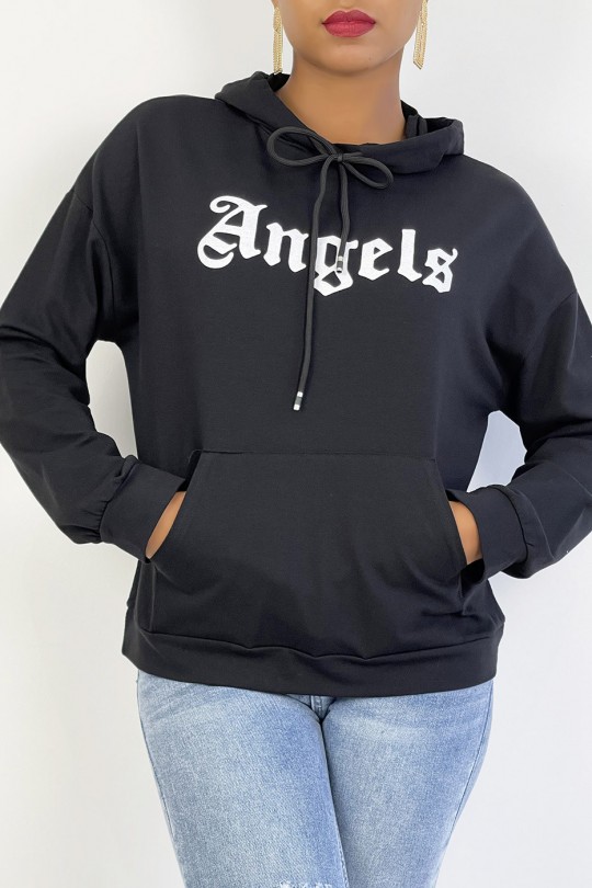 Sweat à capuche noir avec écriture ANGELS et poches - 1