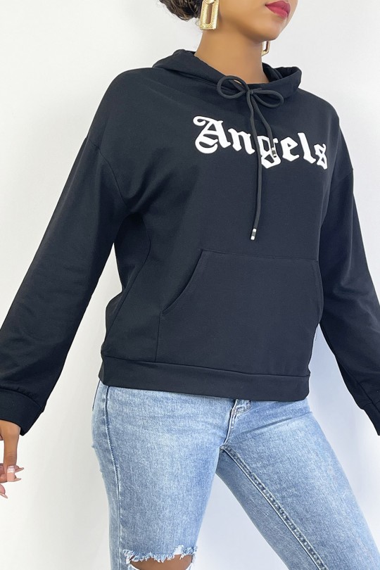 Sweat à capuche noir avec écriture ANGELS et poches - 2