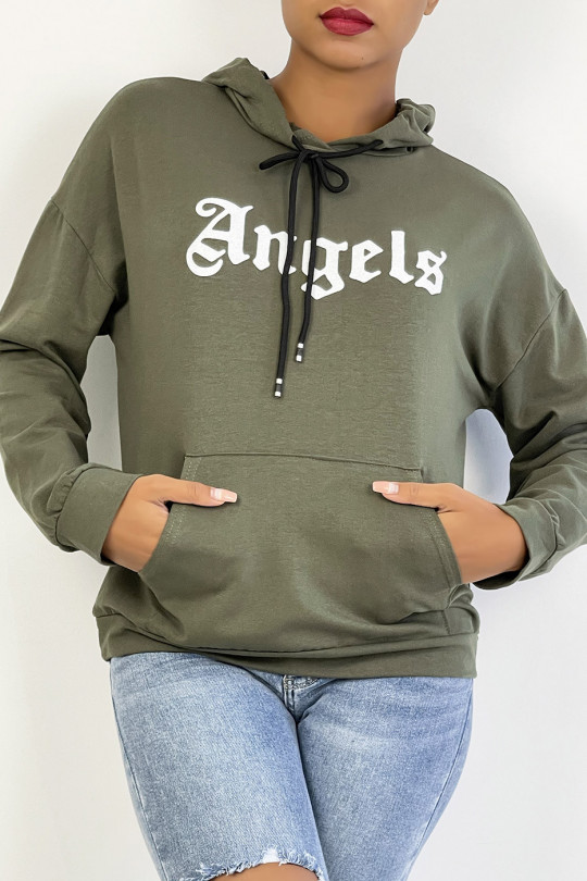 Kaki hoodie met ANGELS opschrift en zakken - 1
