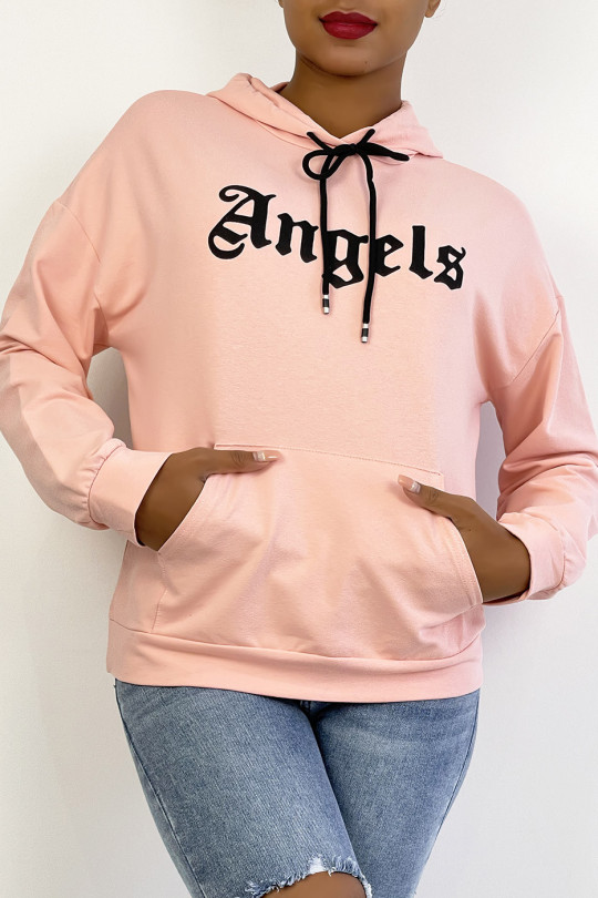 Sweat à capuche rose avec écriture ANGELS et poches - 1