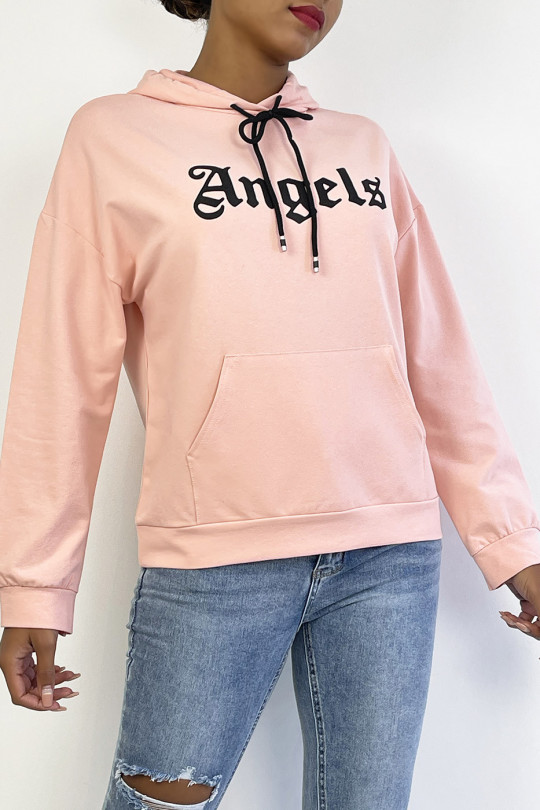 Roze hoodie met ANGELS-tekst en zakken - 2