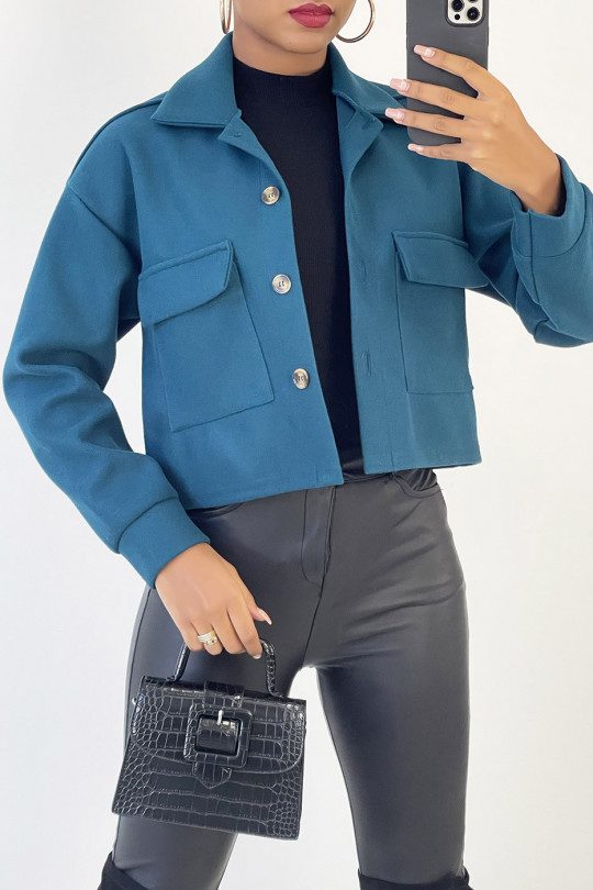 Very fashionable short jacket in blue with chest pockets - 1