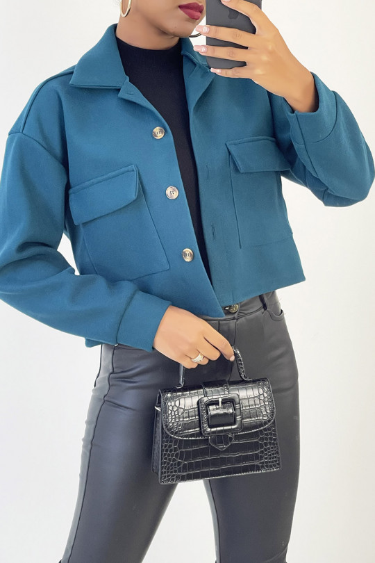 Veste courte très fashion en bleue avec poches au buste - 2
