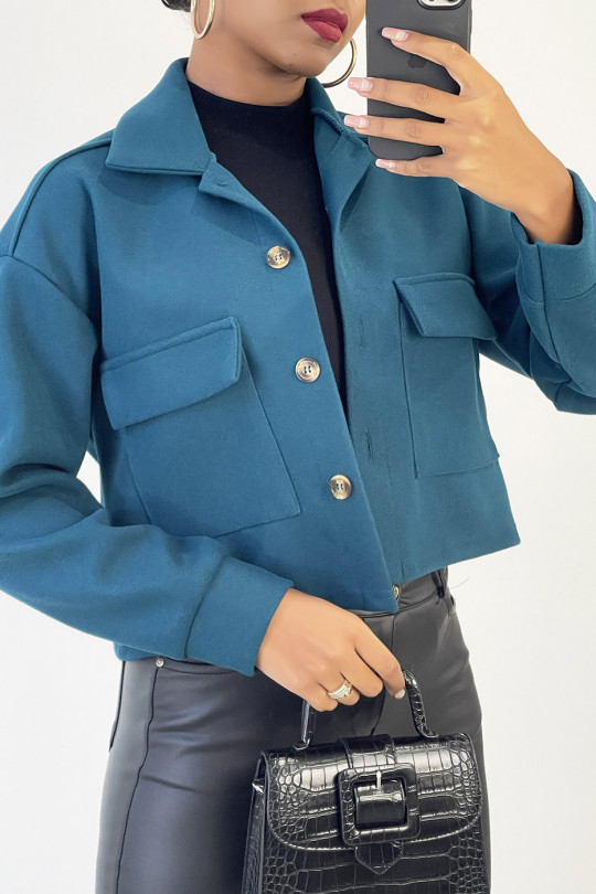 Veste courte très fashion en bleue avec poches au buste - 3