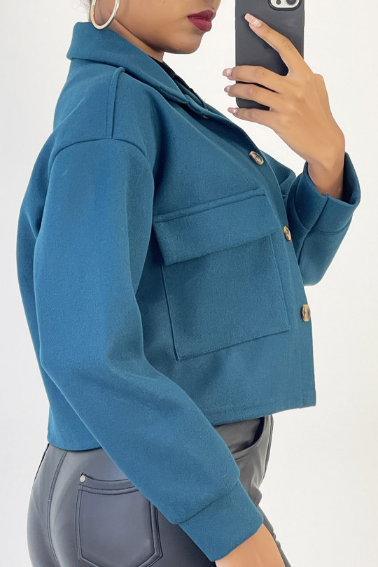 Veste courte très fashion en bleue avec poches au buste - 4
