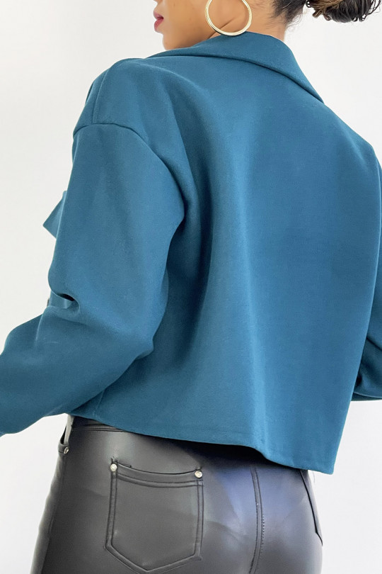 Veste courte très fashion en bleue avec poches au buste - 6