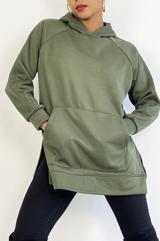 Heavyweight fleece hoodie with slit in khaki - 1 Heavyweight fleece hoodie with slit in khaki - 1