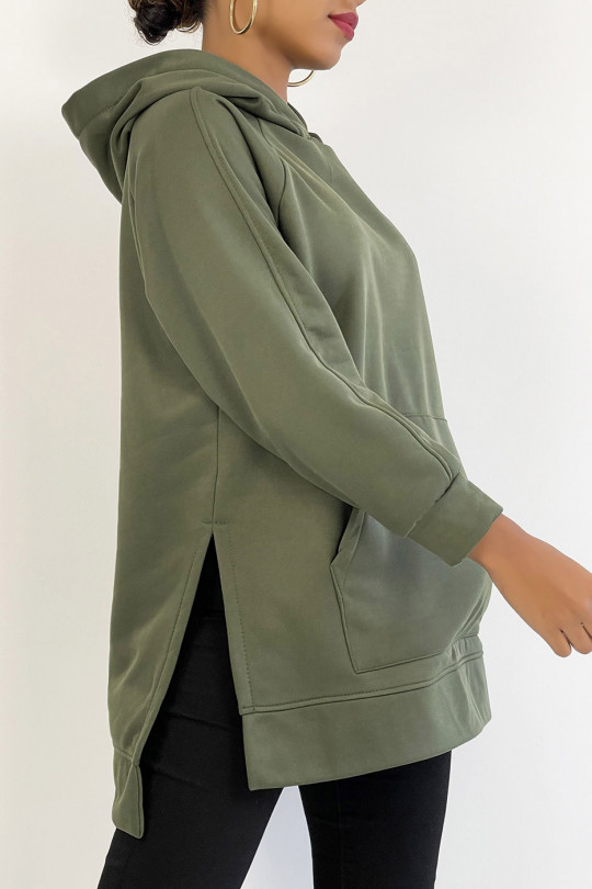 Heavyweight fleece hoodie with slit in khaki - 2 Heavyweight fleece hoodie with slit in khaki - 2