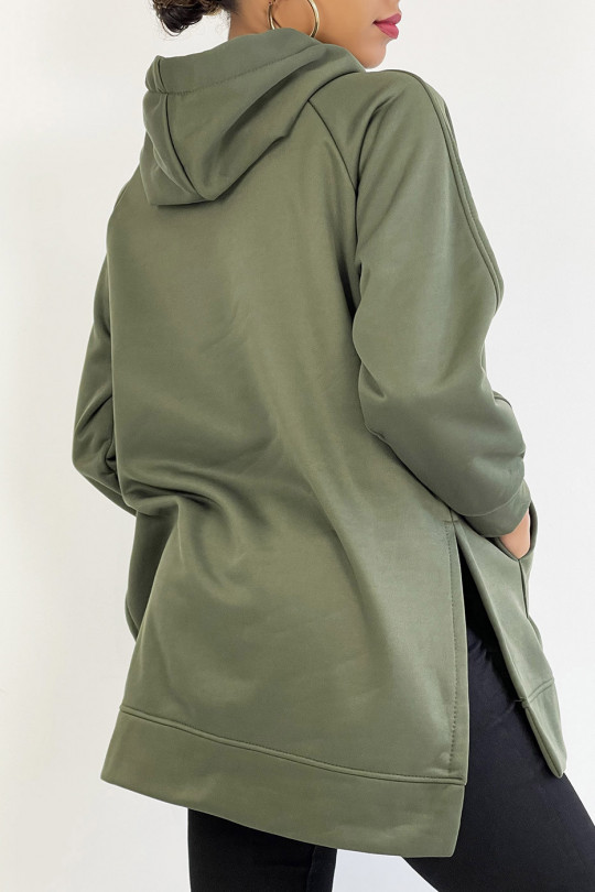 Heavyweight fleece hoodie with slit in khaki - 3 Heavyweight fleece hoodie with slit in khaki - 3
