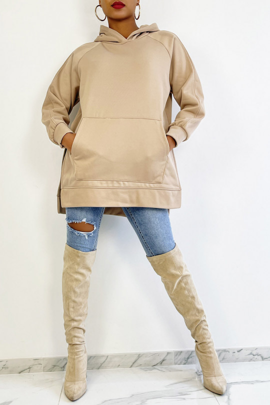 Thick, fleece hooded sweatshirt with slit in camel - 1