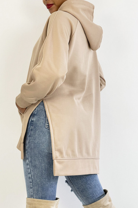 Thick, fleece hooded sweatshirt with slit in camel - 3