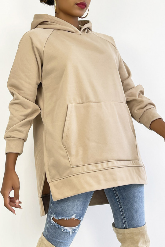 Thick, fleece hooded sweatshirt with slit in camel - 4