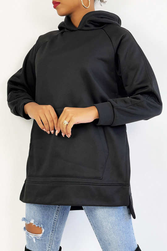 Zware fleece hoodie met split in zwart - 1