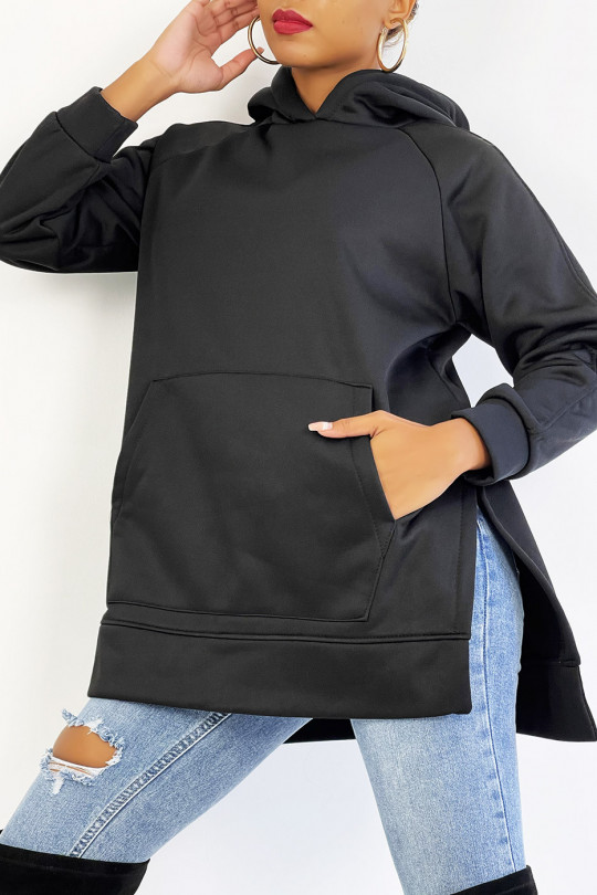 Zware fleece hoodie met split in zwart - 2