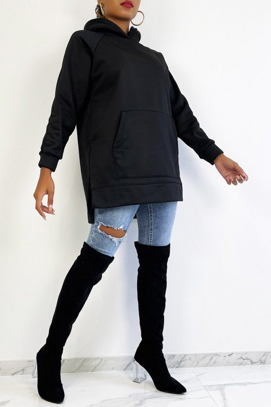 Zware fleece hoodie met split in zwart - 3