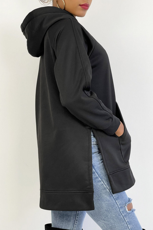 Zware fleece hoodie met split in zwart - 4