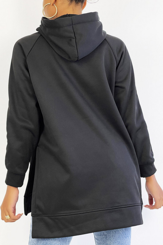 Zware fleece hoodie met split in zwart - 5