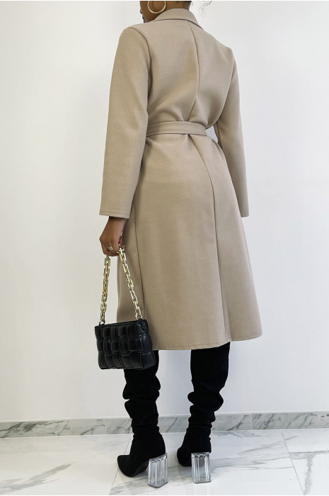 Longue veste beige avec ceinture et poches - 5