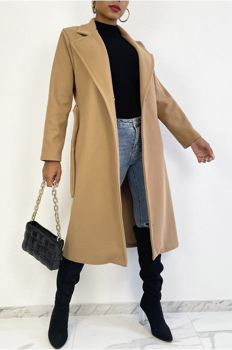 Longue veste camel avec ceinture et poches - 2