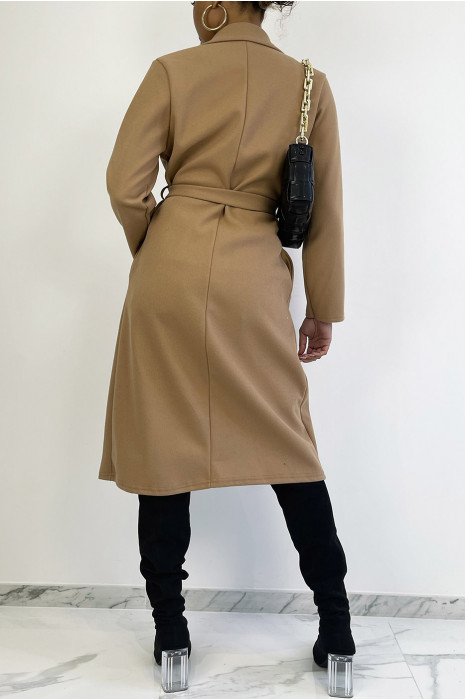 Longue veste camel avec ceinture et poches - 4