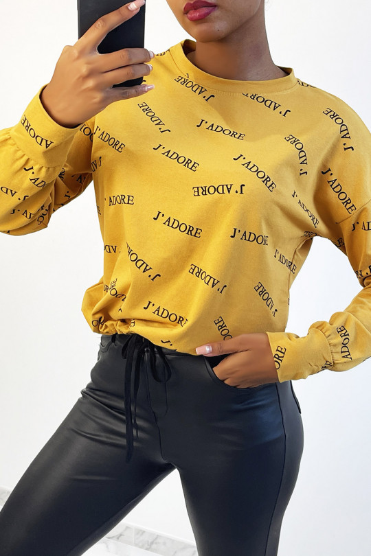 Mustard top with lace at the waist and J'adore writing - 1