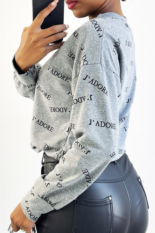 Haut gris avec lacet à la taille et écriture J'adore - 4